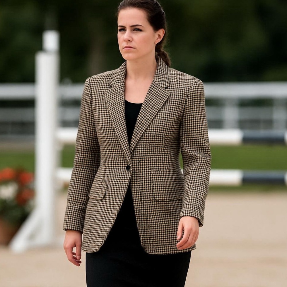 70s ORVIS SILK BLACK & CREAM HOUNDSTOOTH RELAXED BLAZER CLASSIC EQUESTRIAN SZ XL